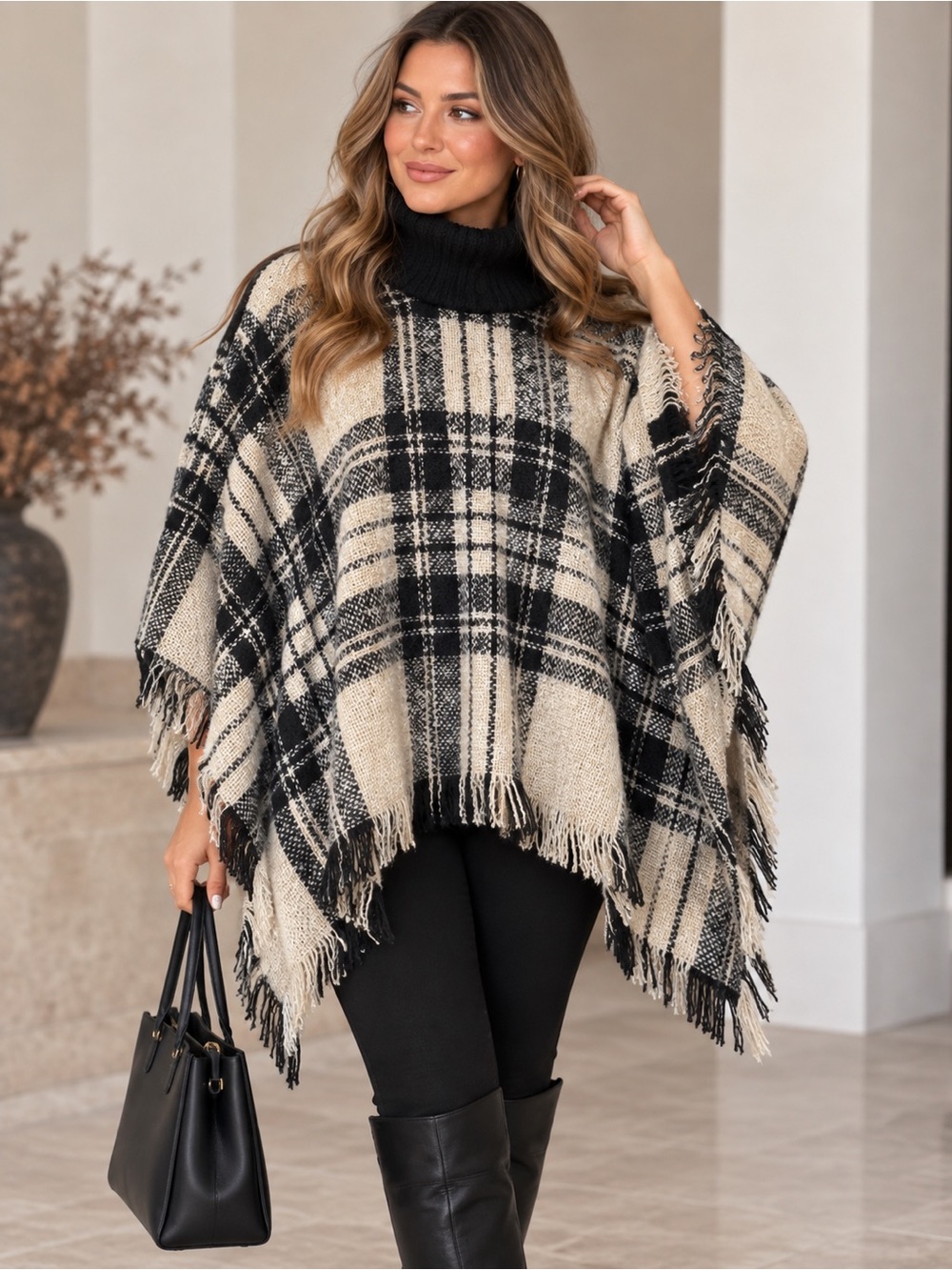 Plaid Turtleneck Fringe Poncho Sweater - Black & Cream